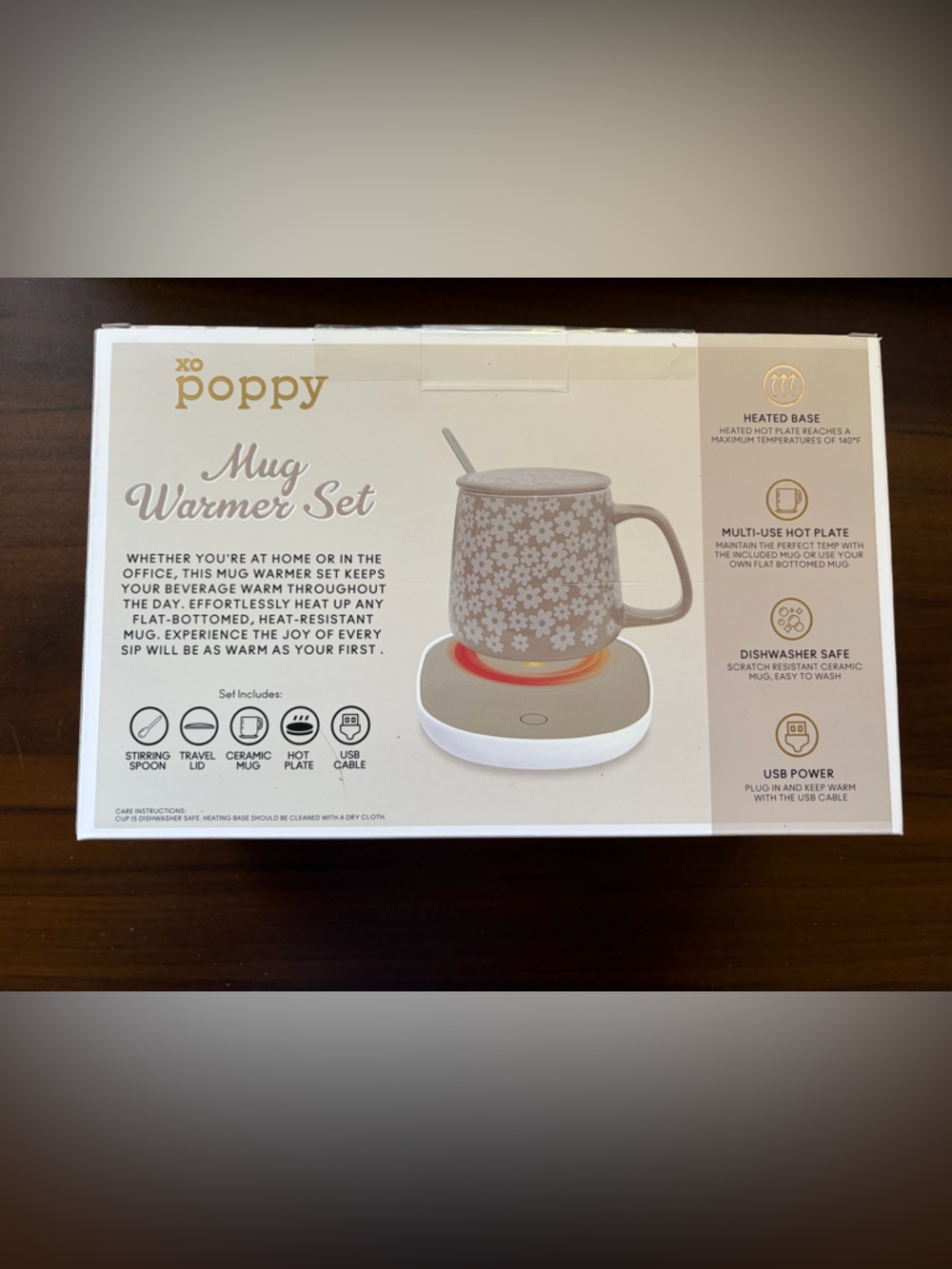 xo poppy Beige Floral Mug Warmer Set with Heated USB Base